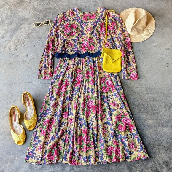 Vintage Karin Stevens Floral Two Piece Set Crop Jacket Midi Dress size 12 - Picture 1 of 11